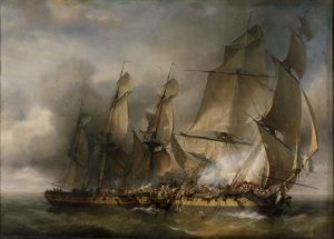 Combat de la corvette française La Bayonnaise contre la frégate anglaise Embuscade, 14 décembre 1798 ; © Patrick Dantec