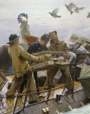 Lacher de pigeons militaires à bord d'un torpilleur en Manche (détail) ; © Patrick Dantec