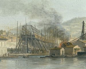 Le Port-Neuf ou l'Arsenal de Toulon, pris dans l'angle du Parc d'Artillerie, (détail : chantier de construction) ; © Patrick Dantec