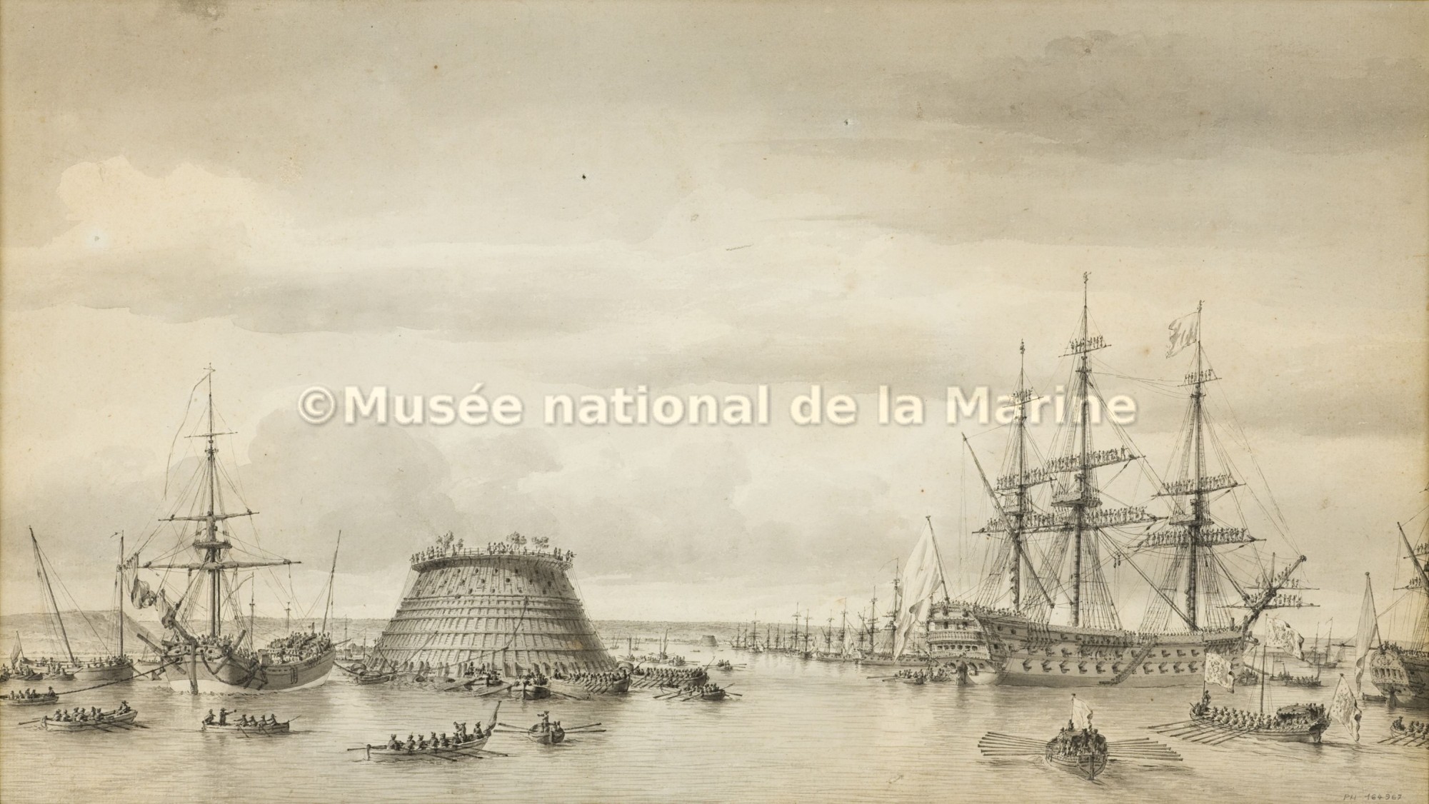 Mise en place d'un cône de la digue de Cherbourg, en présence de Louis XVI le 23 juin 1786