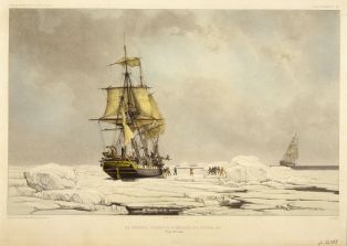 Les corvettes sortant de la banquise le 9 février 1838 ; © Patrick Dantec