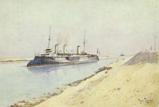 Cuirassé français franchissant le canal de Suez ; © Patrick Dantec