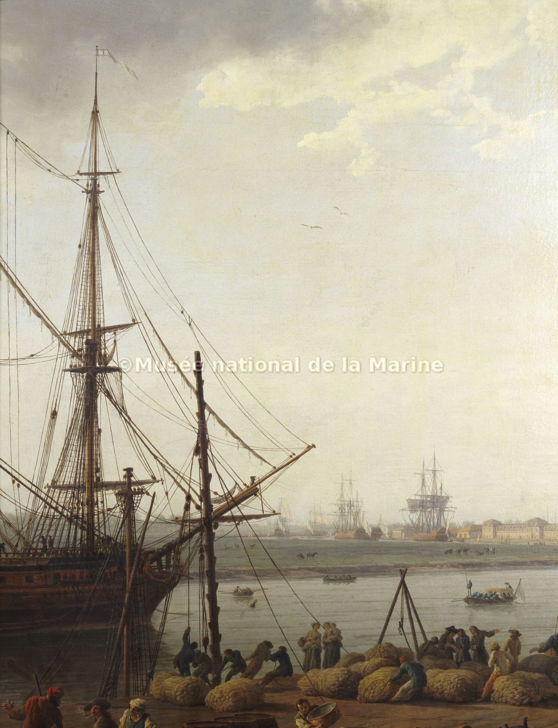Vue du Port de Rochefort, prise du Magasin des Colonies, (détail : embarquement du chanvre, mâtereau, vaisseau)