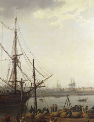 Vue du Port de Rochefort, prise du Magasin des Colonies, (détail : embarquement du chanvre, mâtereau, vaisseau) ; © Patrick Dantec