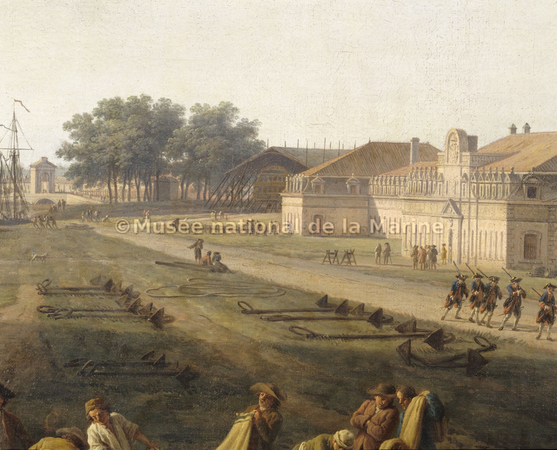 Vue du Port de Rochefort, prise du Magasin des Colonies, (détail : la Corderie, la Forme couverte, le Hardi en radoub)