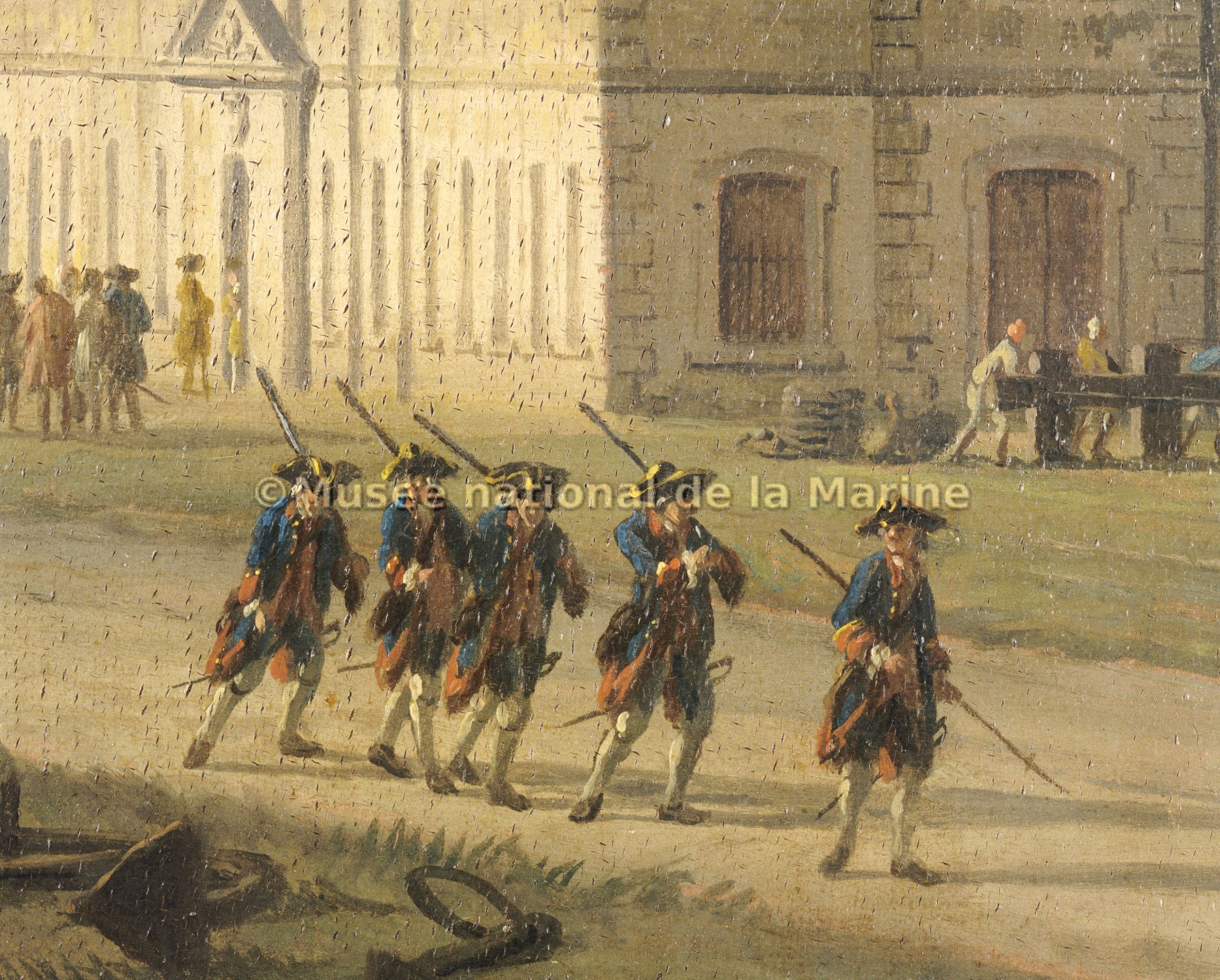 Vue du Port de Rochefort, prise du Magasin des Colonies, (détail : soldats d'artillerie et un sergent)