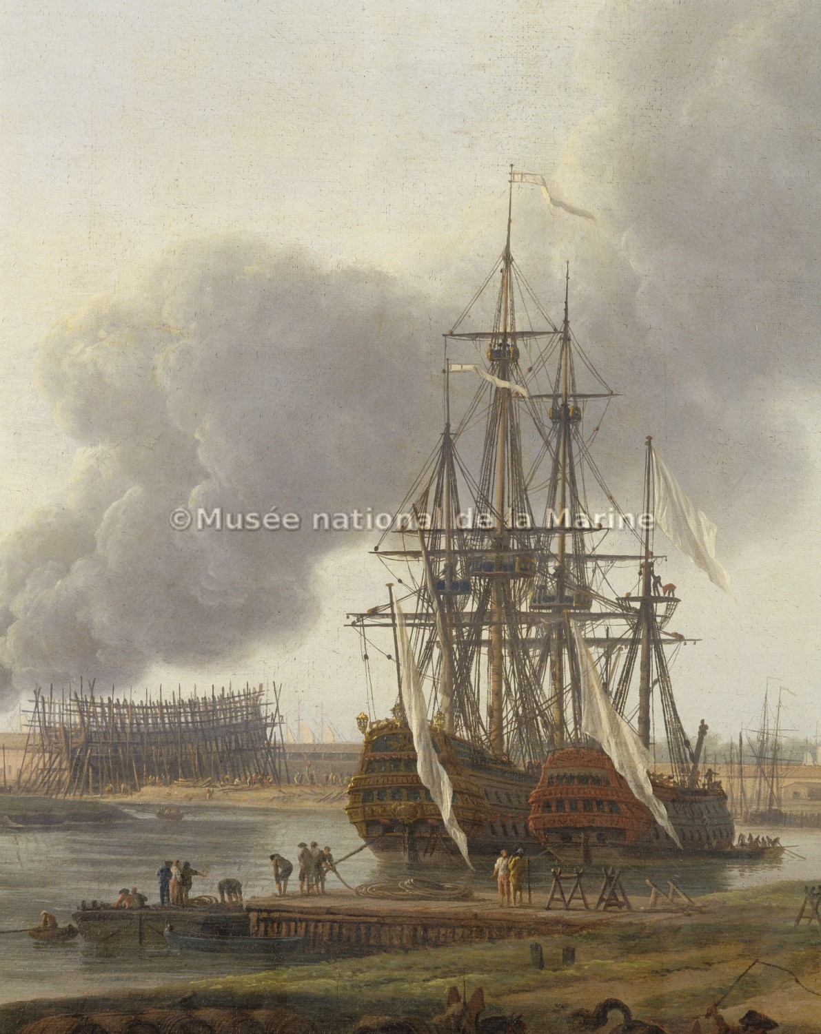Vue du Port de Rochefort, prise du Magasin des Colonies, (détail : quai au chanvre, vaisseaux en cours d'armement)