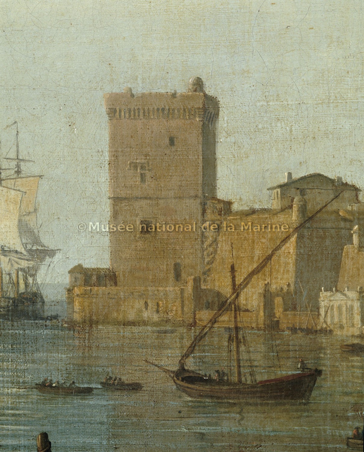 L'Intérieur du Port de Marseille, vu du Pavillon de l'horloge du Parc (détail : tartane devant le Fort Saint-Jean)