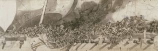 Combat de la corvette française La Bayonnaise contre la frégate anglaise Embuscade, 14 décembre 1798 (détail) ; © Arnaud Fux