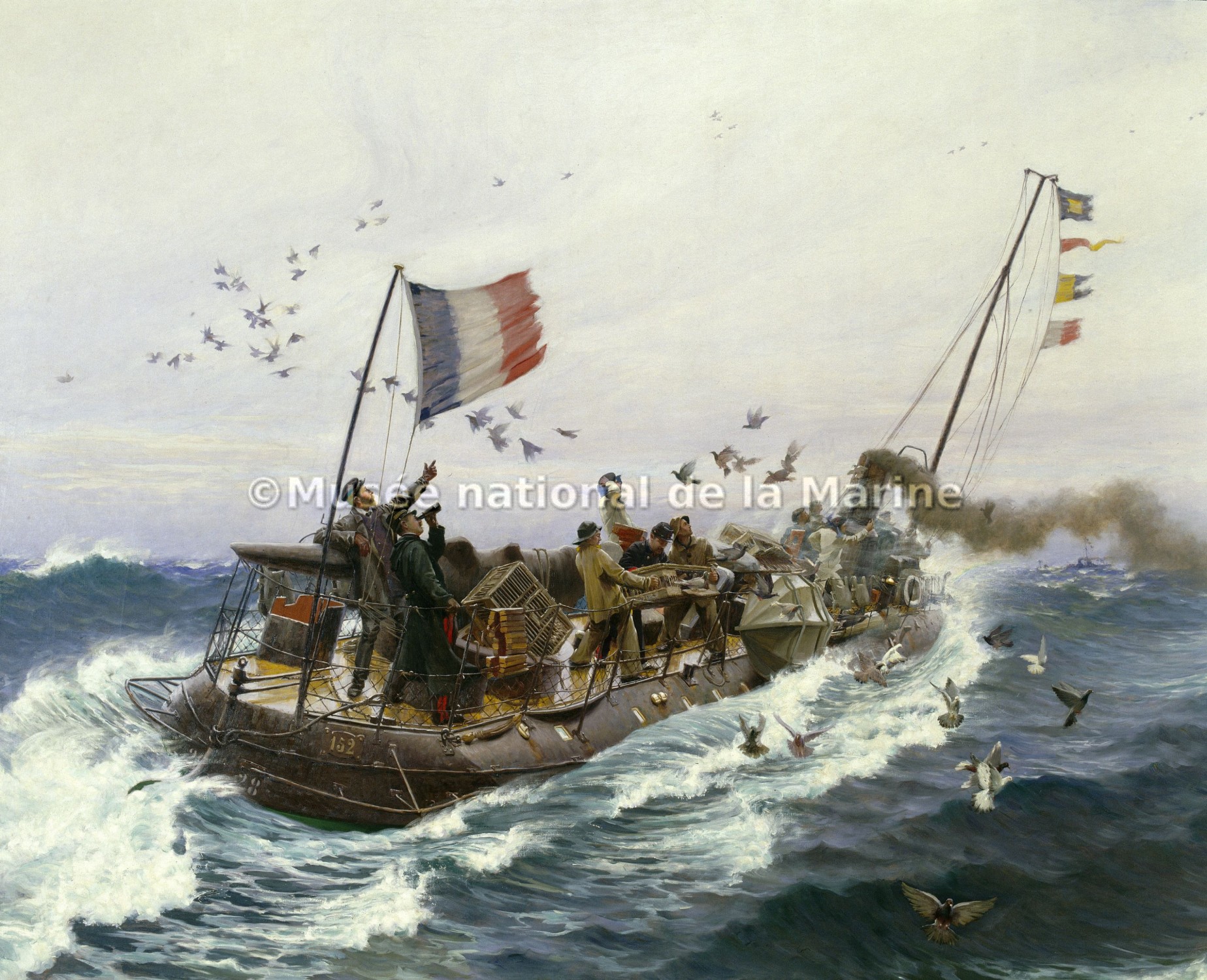 Lacher de pigeons militaires à bord d'un torpilleur en Manche (détail)
