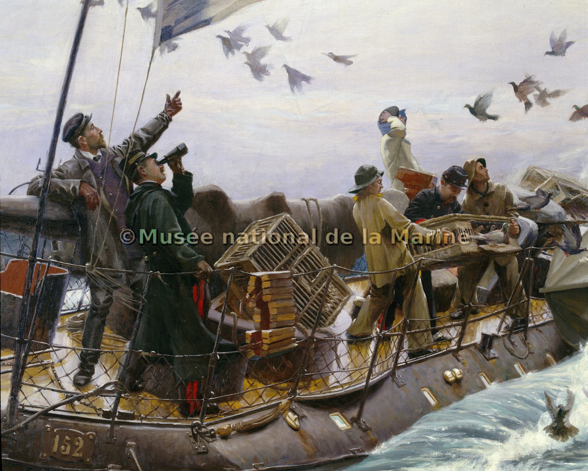 Lacher de pigeons militaires à bord d'un torpilleur en Manche (détail)