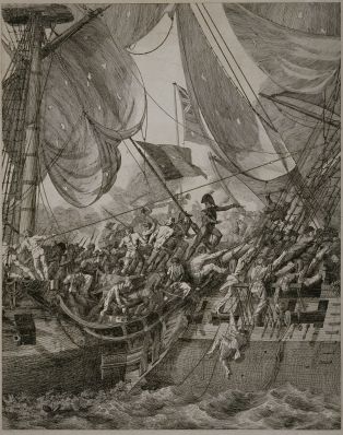 Combat de la corvette française La Bayonnaise contre la frégate anglaise Embuscade, 14 décembre 1798 ; © Arnaud Fux