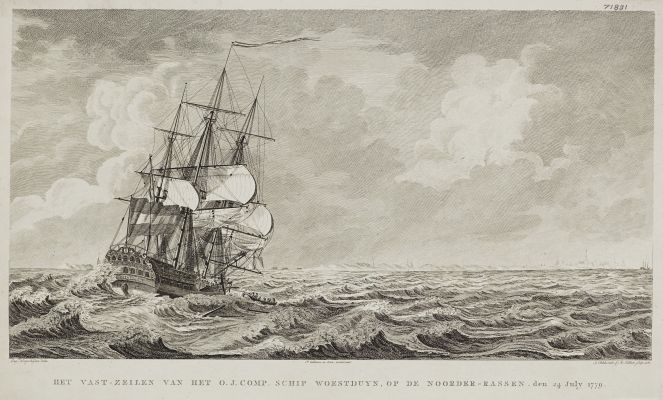 Le "Woestduyn", voilier de la Compagnie des Indes au large de Noorder-Rassen le 24 juillet 1779