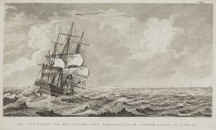 Le "Woestduyn", voilier de la Compagnie des Indes au large de Noorder-Rassen le 24 juillet 1779 ; © Arnaud Fux